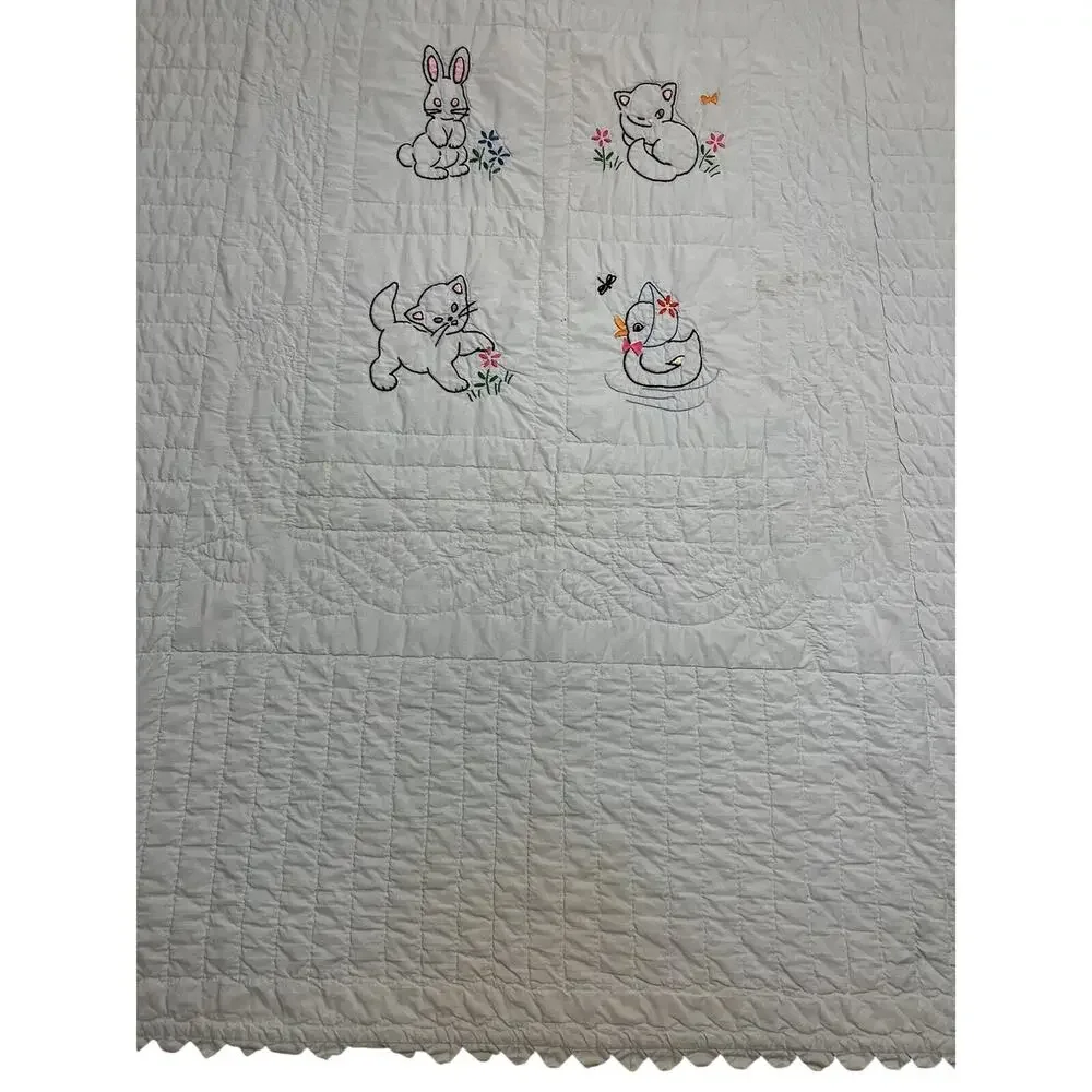 Hand Embroidered Quilt Childrens Mint Green Mid Century Baby Animals 38x68
